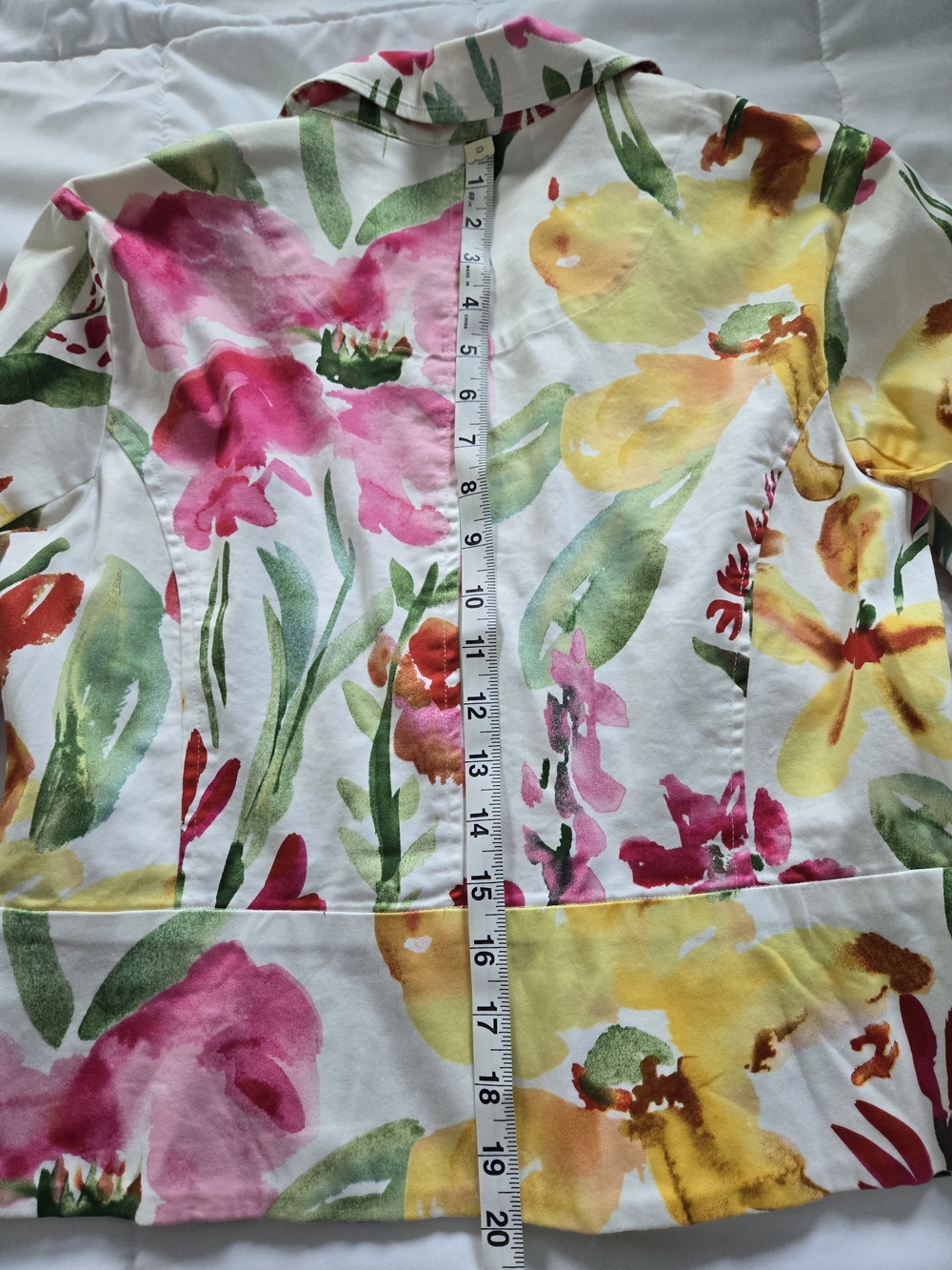 Chico's Floral Watercolor Cotton Jacket in White, Pink, Yellow & Green